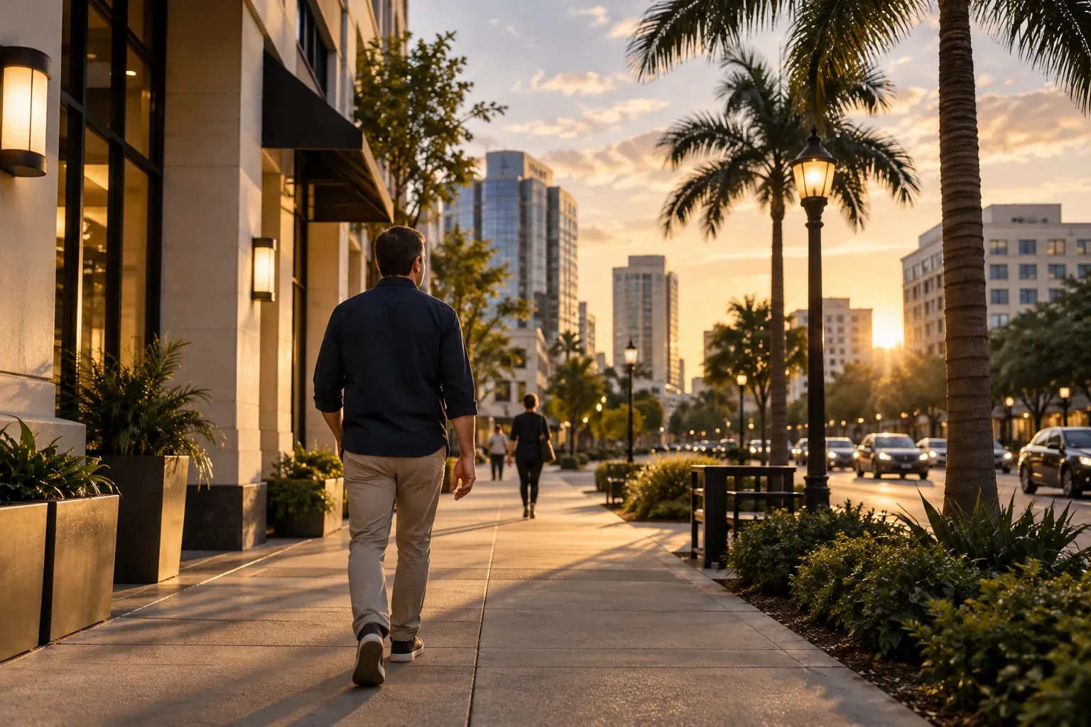 A person walking down a city street lined with palm trees. An illustration, not the meeting place.